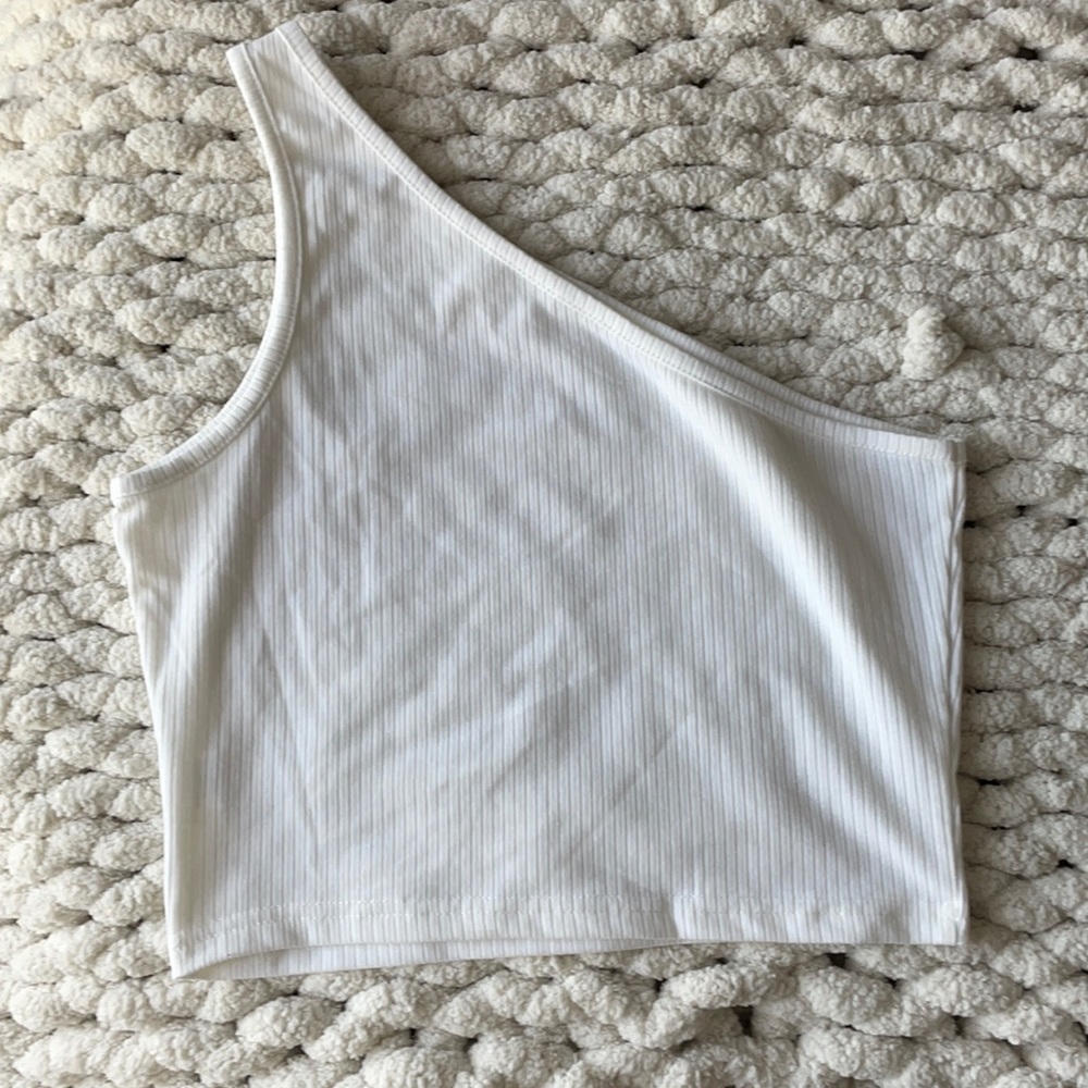one shoulder ribbed white tank